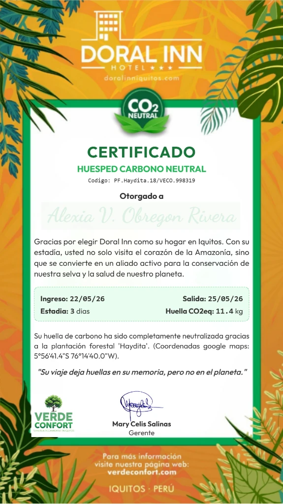 Certificado de Huésped Carbono Neutral de Ejemplo